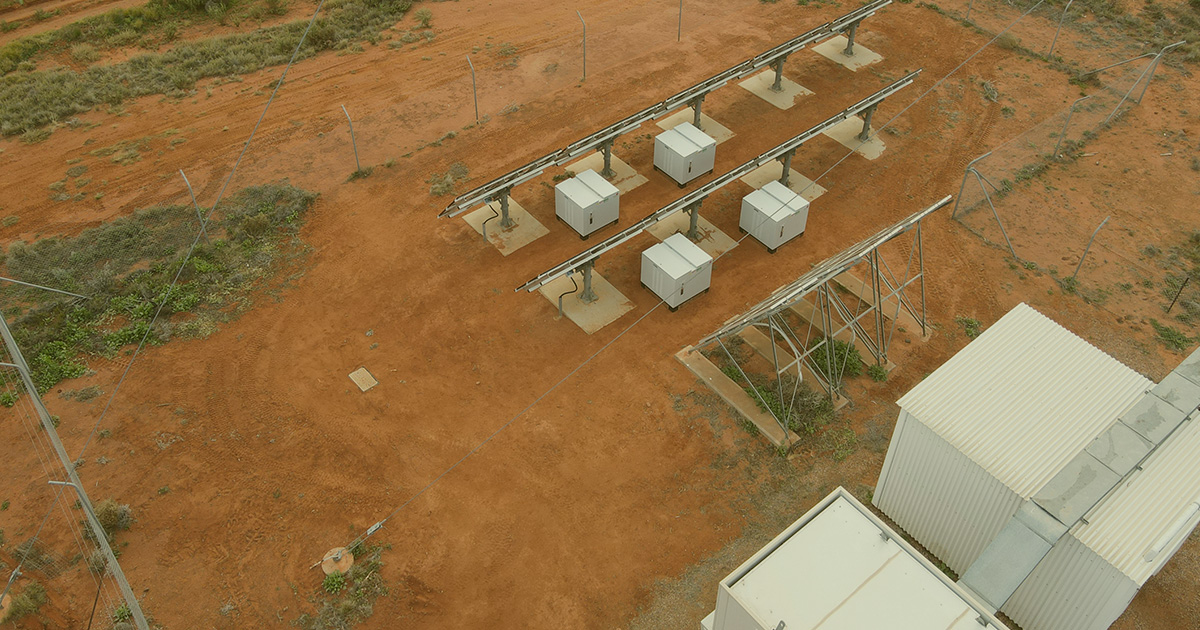 Aerial view of Australian Rail Remote Telecommunication Link Upgrades with solar panels supporting an off grid solar hybrid system.